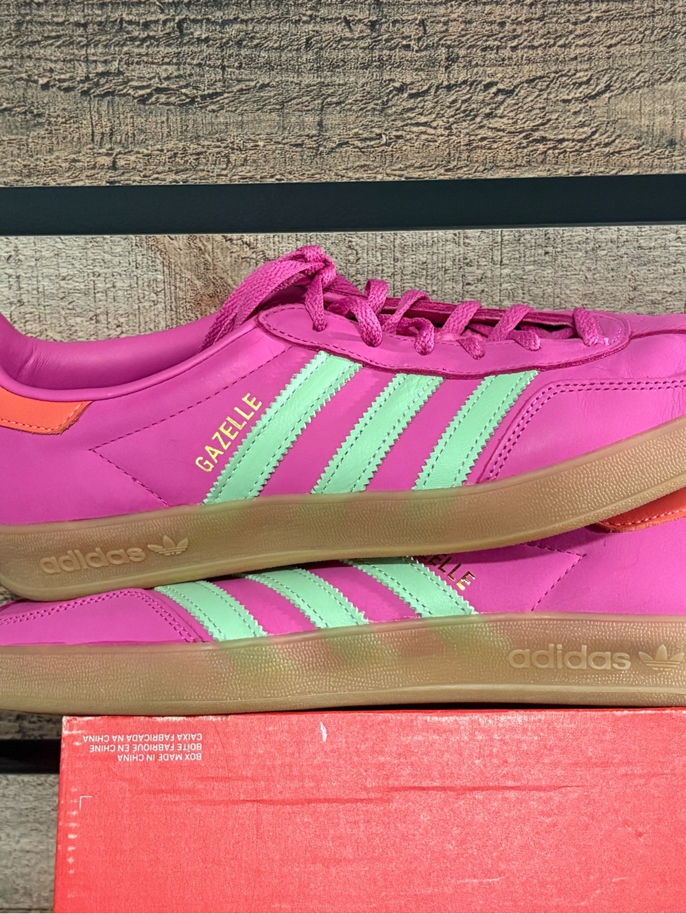 adidas Gazelle Pink with Mint Stripes, orange heel and Gum Sole